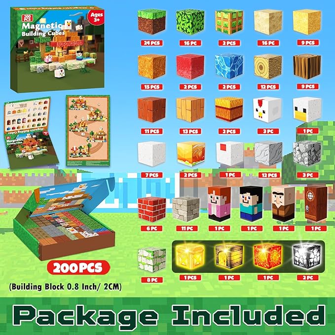 200PCS Magnetic Blocks with Light-Up Blocks, Magnet Building Blocks, Stacking Magent Cubes, STEM Montessori Educational Sensory Toys for Boys & Girls Ages 3-12 Easter Birthday Gift