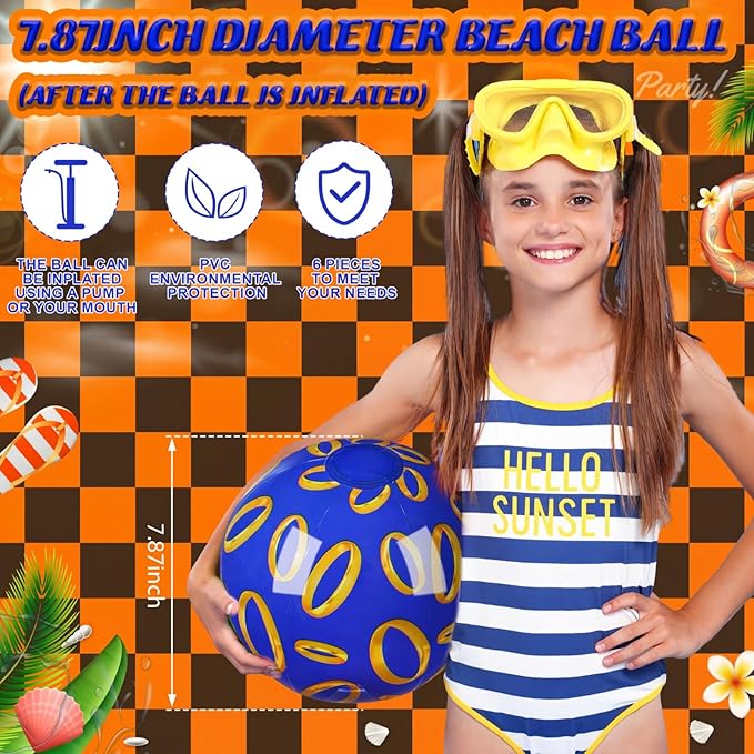 Leyndo 6 Pack Blue and Golden Rings Themed Beach Ball for Kids 7.87" Bulk for Summer Pool and Beach Game Gifts and Birthday Party Supplies and End of The Year Class Party Decoration Favors