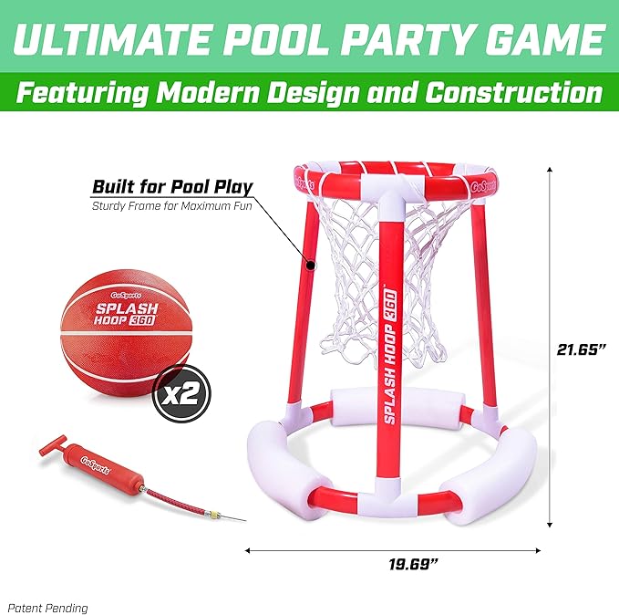 GoSports Splash Hoop 360 Floating Pool Basketball Game - Choose Red or Blue - Includes Hoop, 2 Balls and Pump