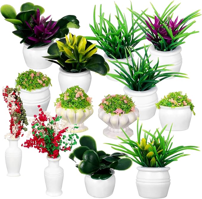 Ipetboom 13pcs Miniature Potted Plants - Dollhouse Accessories Mini Fake Greenery Ornaments Tiny Plant Models Doll House Decor Mini Flower Pots for Fairy Garden and Craft Decoration