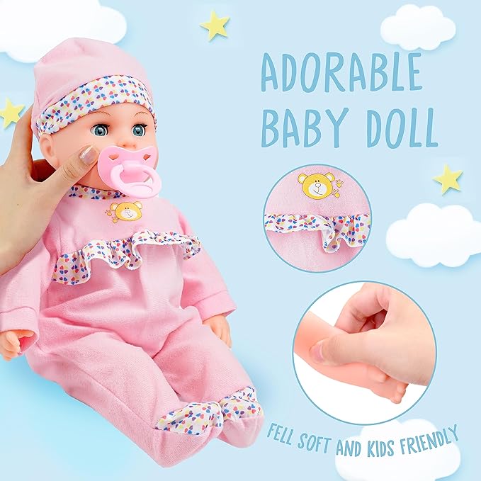 Toy Choi's 16 Inch Interactive Baby Doll Pink - Talking Feeding Dolls with Different Sounds and Accessories, Pretend Play Preschool Toys Gift for Toddlers 2 3 4 5+ Year Old Girls Boys