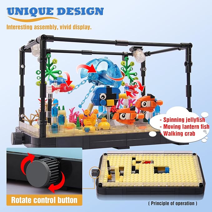 Jorumo Fish Tank Building Block, Lighting Aquarium Building Sets for Adults and Kids Including Ocean Jellyfish, Dolphin, Turtle, Crab, Animal Building Toys for Boys Age 12+, 725pcs