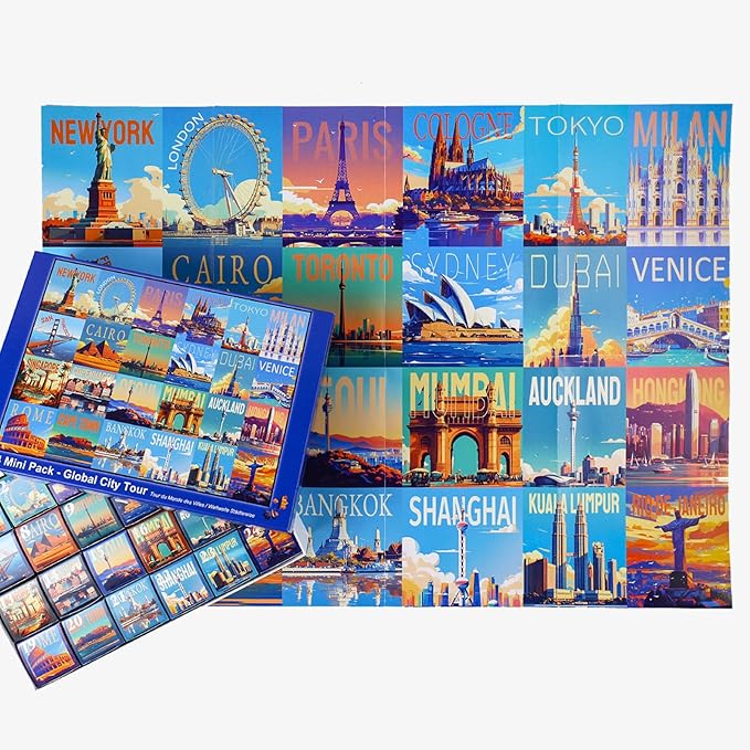 rokt&razo, Global City Tour, 24 Mini Pack Jigsaw Puzzles, 1000 Pieces Daily Challenge Pack with Reference Poster, Advent Calendar, Family Game Nights, Finish Size 27.5 * 19.7 in (Index on The Back)