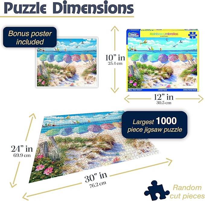 White Mountain 1000 Piece Jigsaw Puzzle Fun Summer Beach Puzzles with Large Pieces Gift for Adults and Family 24"x30" - Rainbow Umbrellas