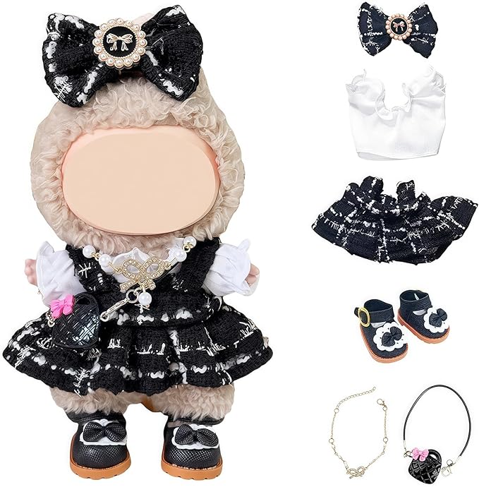 6 Set 17cm Doll Clothes, Clothes for Dolls Outfit, Accessories for 17cm Dolls Clothes T-Shirt + Dress + Bow + Handbag + Necklace + Shoes, No Doll (Elegant Set)