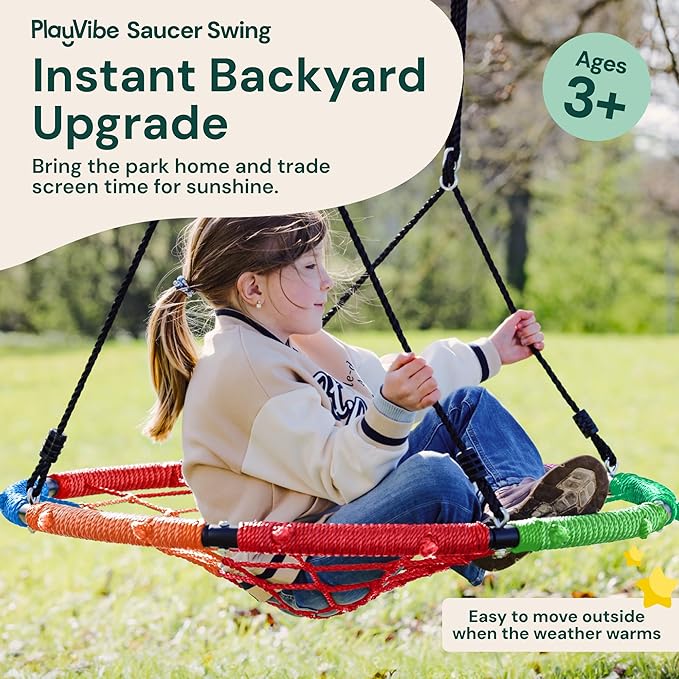 PLAYVIBE Spider Web Tree Swing Gift - 40 in Multicolor Saucer Swing - 440 lb Capacity with Hanging Straps & Carabiners - Weather-Resistant Outdoor Play for Kids & Toddlers Year-Round Family Fun