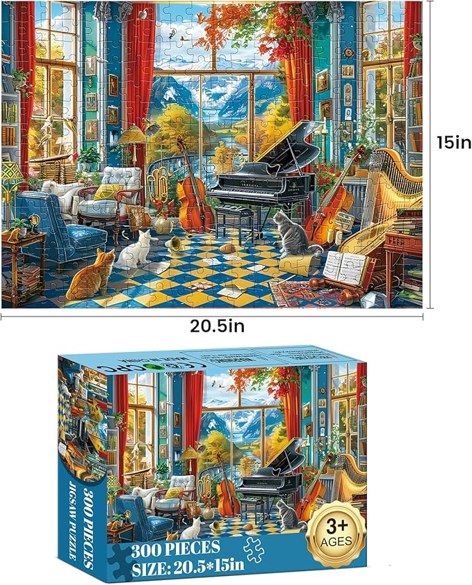 Jigsaw Puzzles 300 Pieces for Adults Room Piano Adult Puzzles 300 Piece Puzzles for Kids Ages 8-10 10-12 Recycled Cardboard Puzzle Pieces Family Challenging Game 20.5x15IN