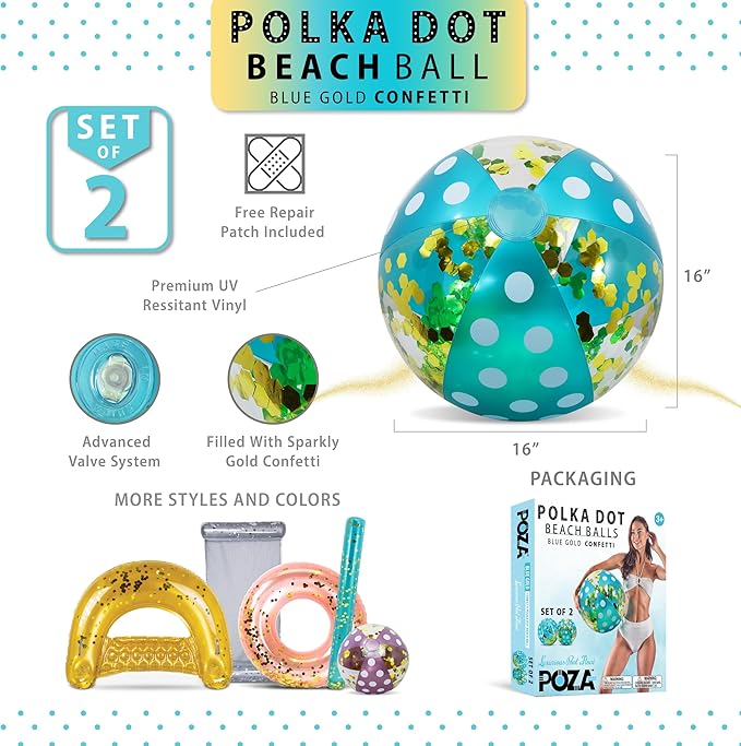 POZA Inflatable Beach Balls - Elegant Glitter Confetti Premium Floaters, Heavy Duty Vinyl Floatation Pool Toys for Pool Beach Party, UV Resistant Pool Décor