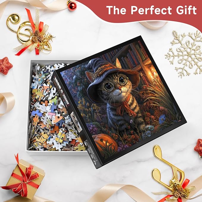Whimsical Wizard Cat 1000 Piece Jigsaw Puzzle for Adults - Magical Library Scene with Pumpkin & Candles, Poster & Lettered Back, 22.8" Square HD Quality, Unique Gift for Cat & Fantasy Lovers