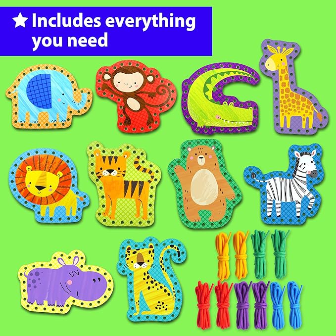 KRAFUN Safari Animal Preschool Arts & Crafts Lacing Kit, 10 Easy Lacing Cards for Toddlers Fine Motor Skills