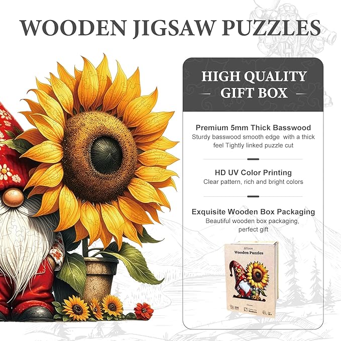Wooden Puzzles for Adults, Sunflower Gnome 200 Pieces Wooden Jigsaw Puzzles with Unique Shape, 10.3x10.6 Inch Wooden Puzzles Kits for Great Gift Family Game