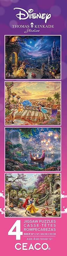 Ceaco - Thomas Kinkade Disney Princess 4 Pack 500 Piece Jigsaw Puzzles Multi Pack for Adults and Teens