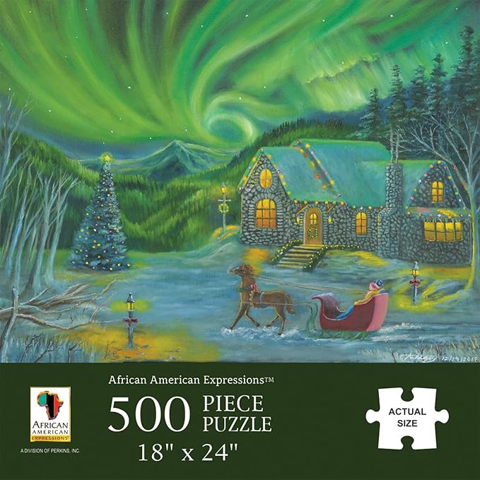 African American Expressions - Northern Lights Christmas Scene Puzzle – 500-Piece African American Jigsaw Puzzle for Adults | Winter Holiday Puzzle with Stunning Artwork