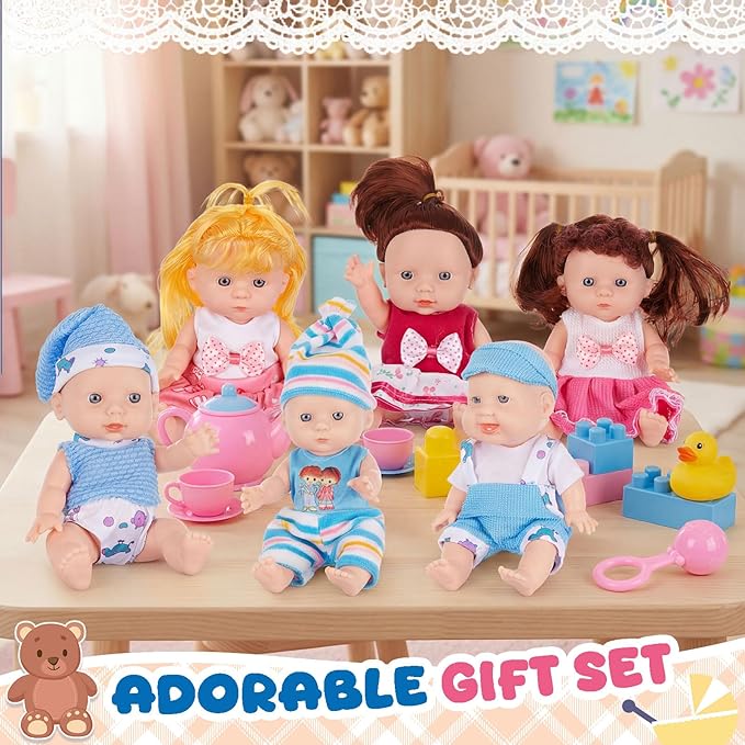 Halloscume 7 Inch Mini Baby Mini Reborn Doll Vinyl Full Body Lifelike Dolls Baby with Weighted Cloth Reborn Gift Set for Kids, Gifts for Christmas Kids(8 Pcs,Cute)