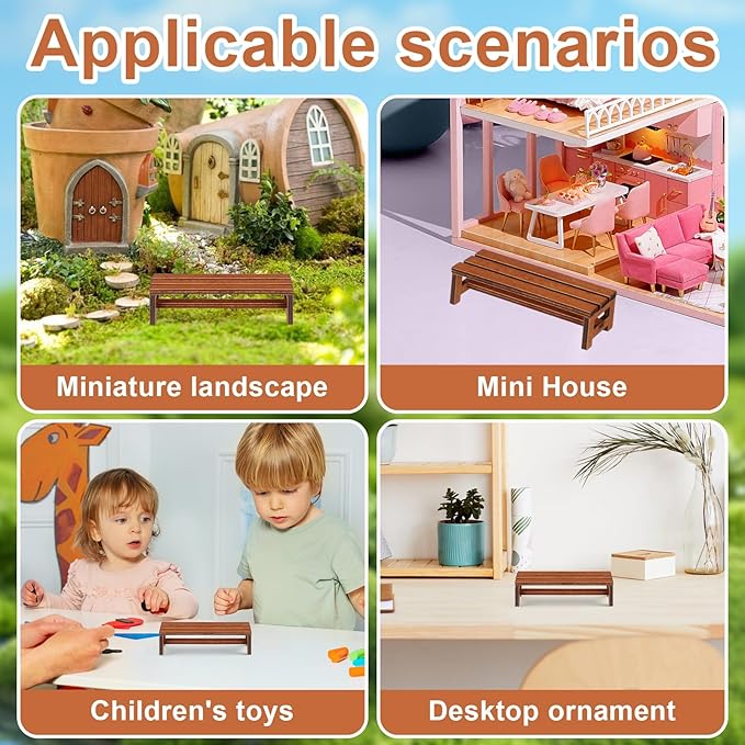 SEWACC 2pcs Miniature Doll House Bench Wooden Mini Furniture Set Brown Miniature Park Bench for Dollhouse Decoration