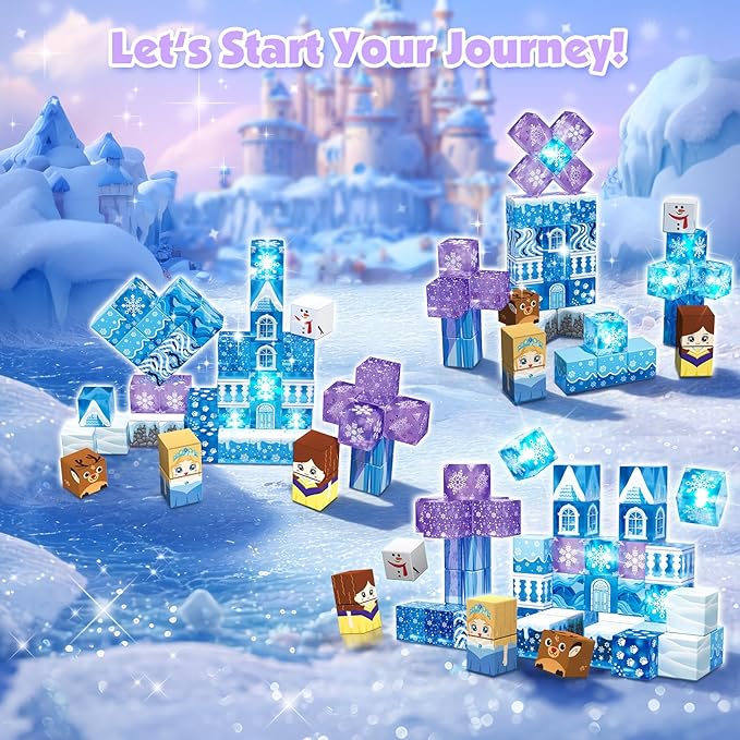Magnetic Blocks, 45pcs Travel Toys Building Set with Magnetic Tin Box, Transparent & Light Up Magnet Cubes for Blue Snow Castle Build, Princess Toy Birthday Gift for Kid Girl 3+ Easter Basket Stuffers
