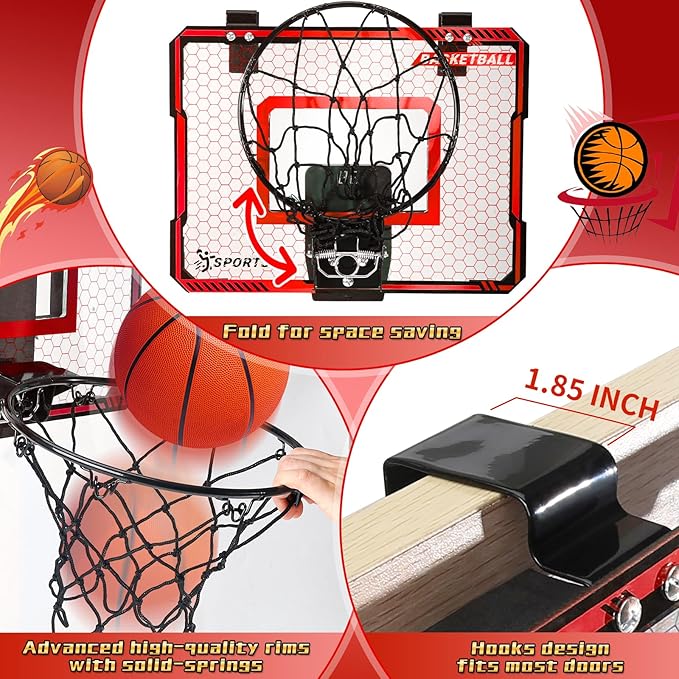 Basketball Hoop Indoor with LED Lights, Basketball Toys Gifts for 5 6 7 8 9 10+ Year Old Boys Kids, Indoor Over The Door Mini Basketball Hoops with Electronic Scoreboard & 3 Balls