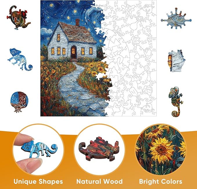 Pikoqunc Sunflower Village Wooden Puzzles for Adults,500 Pieces 15.9x15.9 in,Charming Countryside Jigsaw Puzzle with Unique Laser-Cut Pieces and Exquisite Box, for Family Fun and Festival