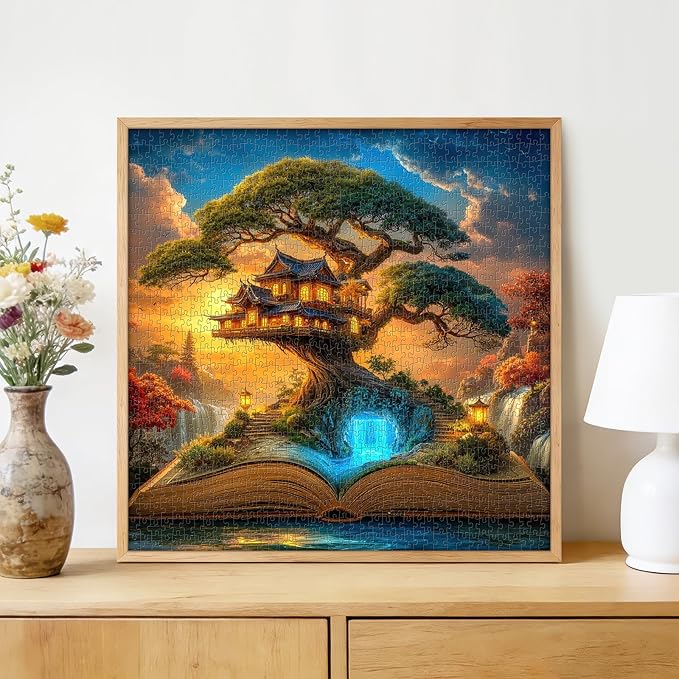 Magical Book Treehouse 1000 Piece Jigsaw Puzzle for Adults - Fantasy Asian Treehouse with Waterfall & Lanterns, Poster & Lettered Back, 22.8" Square HD Quality, Unique Gift for Book & Fantasy Lovers