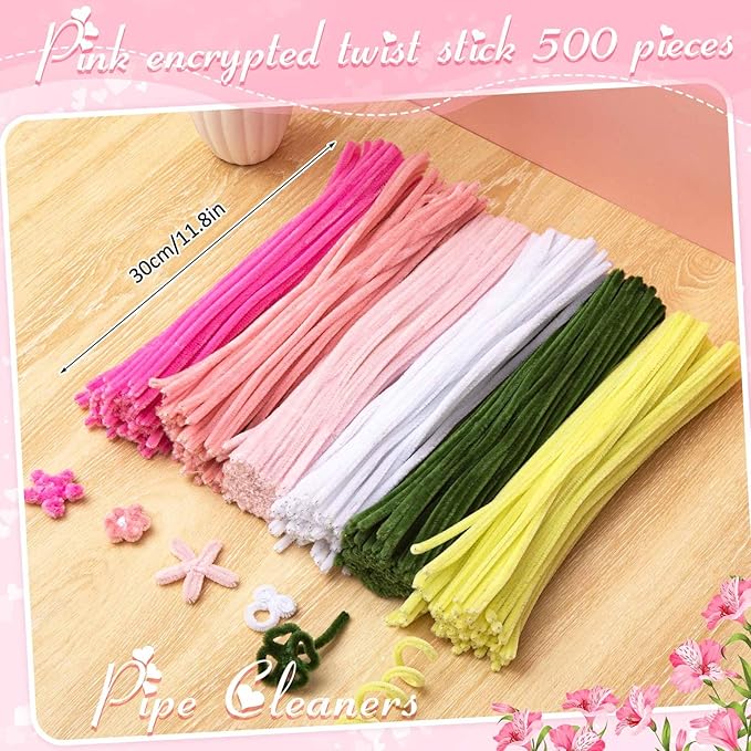 Peryiter 500 Pieces Pipe Cleaners Chenille Stems for Flowers Craft Supplies Bulk Fluffy Fuzzy Sticks for DIY Art Projects Creative Gift Wrapping Party Decorations(Pink Flower,12 Inch)