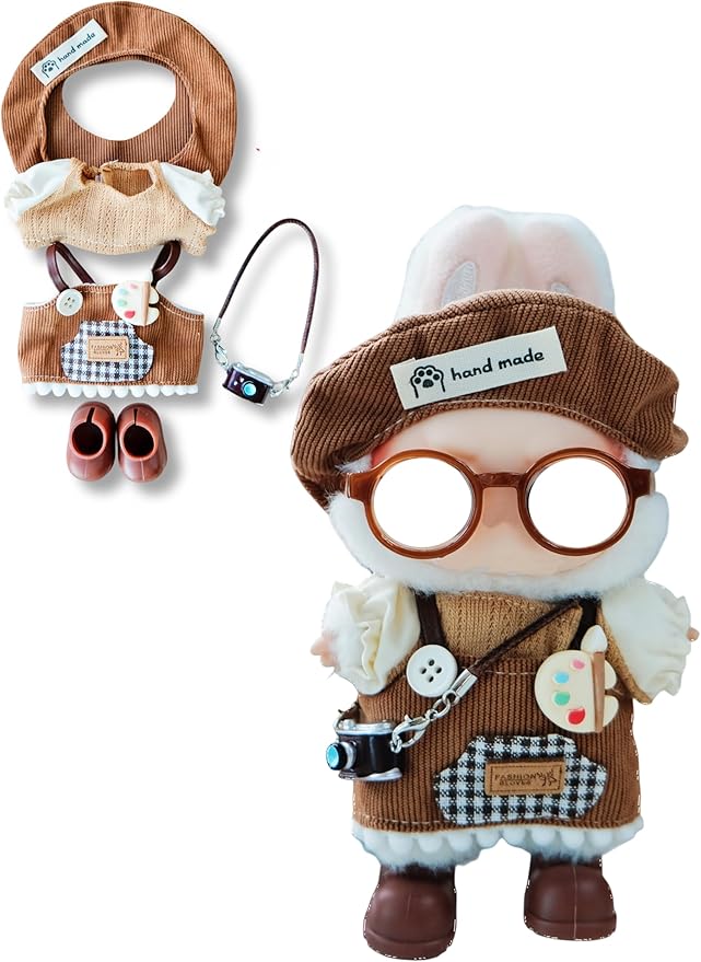 Clothes for 17cm Doll, 6 pcs Set Doll's Outfits Luxury Dress Shirt Pants Glasses Hat Headset Shoes Camera Accessories Fashion Stylish Adorable Dolls Clothes (No Doll) (Painter Brown)