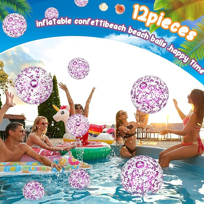 Lewtemi 12 Pcs Inflatable Glitter Beach Balls 16 Inch 24 Inch Shiny Giant Confetti Balls Swimming Pool Beach Blow up Balloon for Outdoor Summer Party Wedding Decor(Purple)