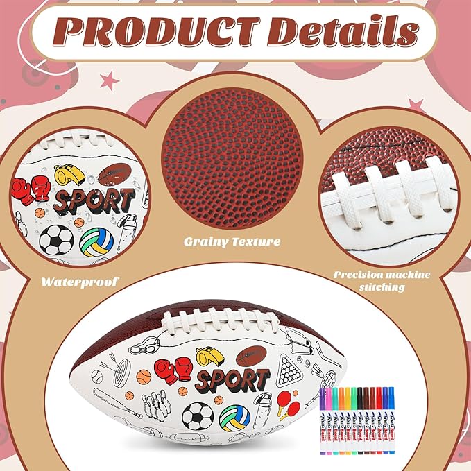 Size 6 Color Your Own Football Brown DIY Custom Craft Kit with Pump 12 Markers Personalized Youth Toddler Training Paint Your Own Toy Creative Gift for Kids (Brown Foorball, 6)
