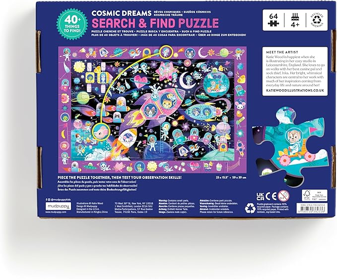 Mudpuppy Cosmic Dreams – 64 Piece Search & Find Jigsaw Puzzle Featuring Cats in A Whimsical Outer Space Wonderland and Over 40 Hidden Images to Find
