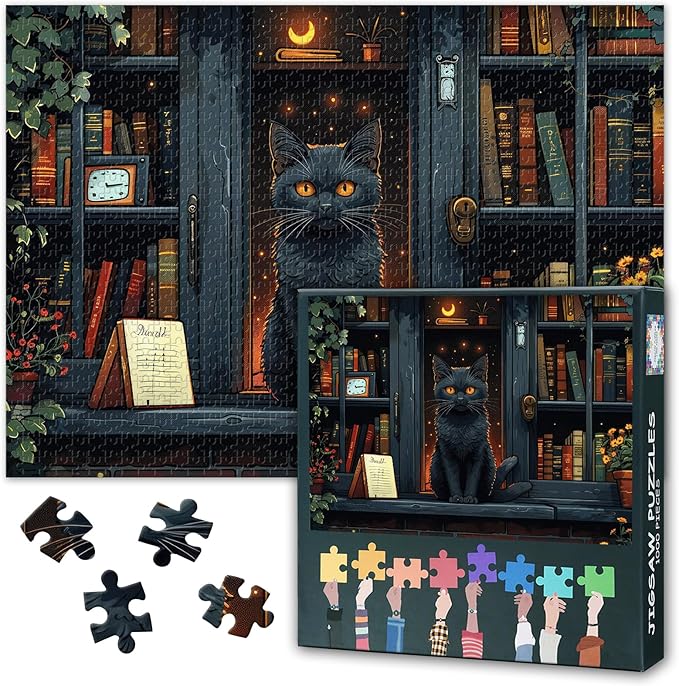Bookstore Puzzles for Adults 1000 Pieces, Cat Detective Jigsaw Puzzles, Adult Puzzle for Adults, Educational Fun Games or Toys for Elders Friends 20X27 INCH