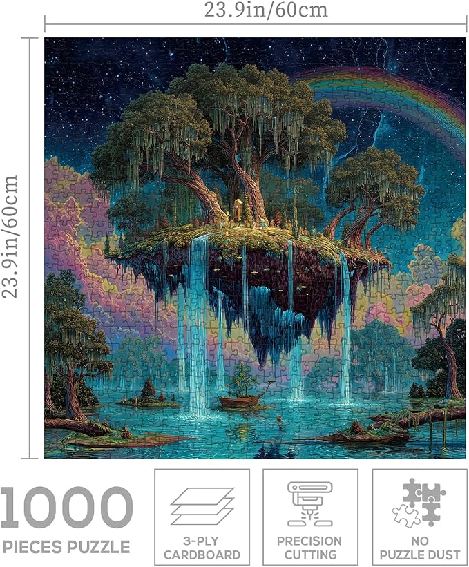 Fantasy Forest Floating Island Puzzle 1000 Pieces for Adults, Magic Rainbow Waterfall Jigsaw Puzzle, Lake Starry Night Cloud Art Puzzles