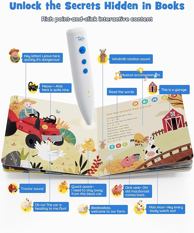 TEKFUN Nursery Rhymes Musical Books with Talking Pen, Interactive Sound Books for Toddlers 1-3, Autism Sensory Educational Toys for Kids Ages 3-6