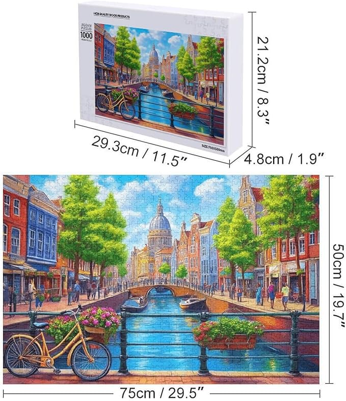 Amsterdam with Bicycles - 1000 Piece Jigsaw Puzzle for Adults - Challenging Puzzle Perfect for Game Nights - Finished Size is 20.5 x 15 -Gift for Christmas, Anniversary, Birthday,Family