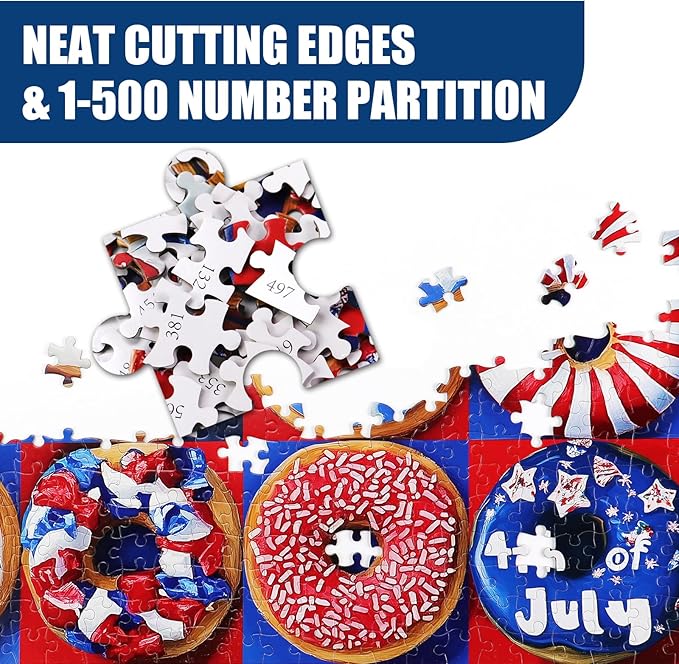 Patriotic Donuts 500 Piece Puzzles for Adults - American Flag Theme, with Vibrant Red, White & Blue Artwork Puzzle for Family Game Night & Home Decor
