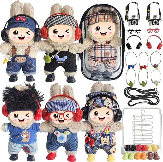 33 Pack Compatible for Labubu Clothes Outfits,Premium Labubu Accessories Case Shoes for 17cm Dolls,Labubu Birthday Party Decoration- Includes 6-Pack Doll Clothes Sets,Camera,Sunglasses