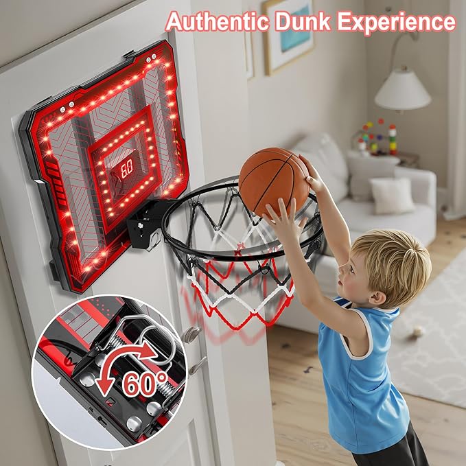 FIODAY Indoor Mini Basketball Hoop, Over The Door Basketball Hoop with LED Lights/Scoreboard/4 Balls, Upgraded Reinforced Backboard Frame, Basket Ball Toys Gift for Kids Ages 3-5-12+ Boys Girls
