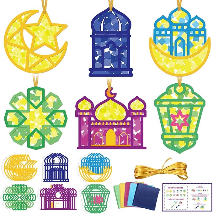Feifeiya 24 Set Ramadan Crafts - DIY Ramadan Suncatcher Tissue Paper Craft Kit Eid Mubarak Crafts Bulk for Eid Al-fitr Activities Ornaments Hanging Decorations Party Gifts Favors Supplies