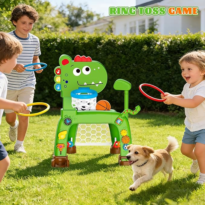 4-in-1 Toddler Basketball Hoop Soccer Goal with Golf Game and Ring Toss, Dinosaur Toys for 1 2 3 Year Old Babies Boys Girls, Kids Sports Toy with Light Sound Music, Xmas Birthday Gifts for Toddlers