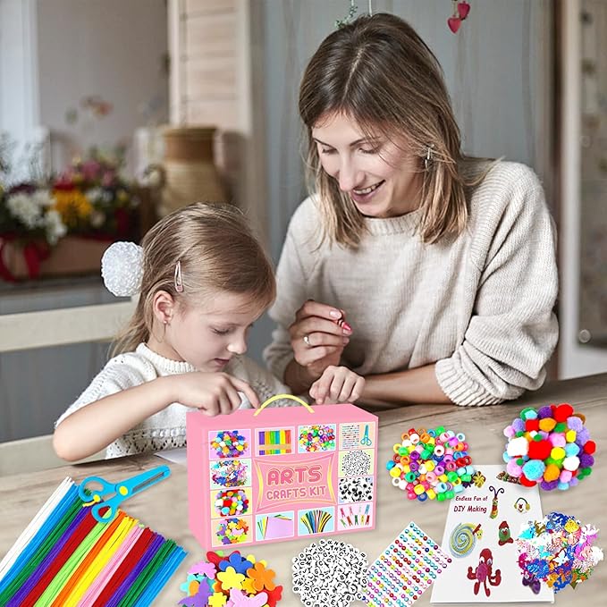 BNUZEIYI 2000 PCS Arts and Crafts Supplies for Kids All-in-1 Craft Kit with Pipe Cleaners Craft Box Set DIY Crafting Supply School Supplies Toys Gifts for Girls Boys Ages 4-6, 6-8, 8-12, Pink