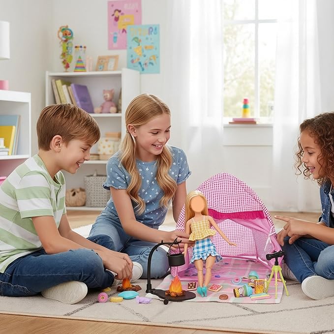 35 Pcs Travel Camping Tent Playset for Girl Dolls, 1 Tent 1 Picnic Mat 1 Telescope 20 Pcs Campfire and Food Sets 3 Outfits 3 Shoes 2 Glasses, Camping Accessories for 11.5 inch Doll