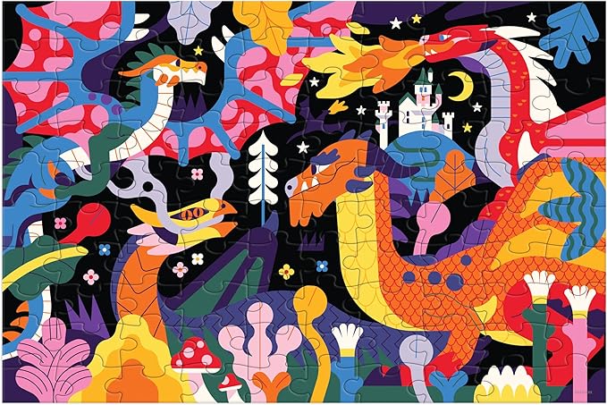 Mudpuppy Dragons – 100 Piece Glow in The Dark Jigsaw Puzzle with a Fantastical Scene of Fire Breathing Dragons and Hidden Medieval Details in The Dark