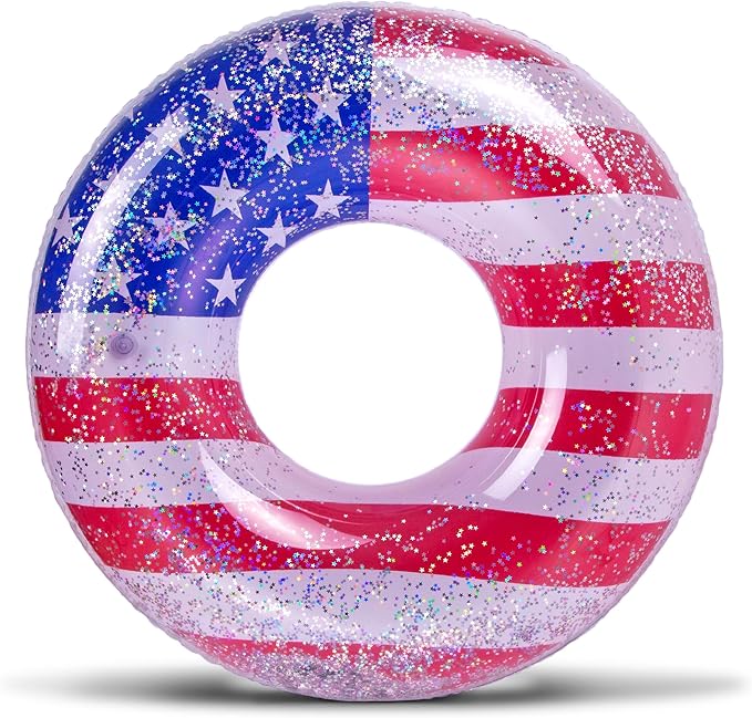 POZA Inflatable USA Pool Float - Luxurious Fun Lounger Filled with Sparkle Silver Stars Confetti, Cool USA Flag Design Water Swimming Pool Floaties for Beach, Lake & Pool