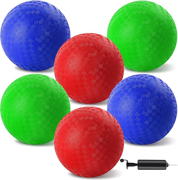 6 Pcs Dodgeballs 8.5 Inch Playground Ball 3 Colour Kickball Inflatable Rubber Handball Bouncy Dodge Ball with 1 Hand Pump for Outdoors Games Gym Camps Picnic (Needle is at The Top of the Pump)