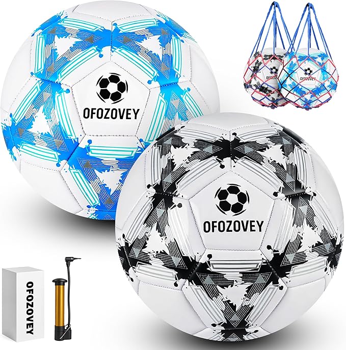 Soccer Ball Size 3,4,5 Two Pack,Classic Indoor Outdoor Soccer with 1 Pump 2 Net Bag and 2 Needle,Long-Lasting for Training, Games, Outdoor & Indoor Play Ideal Gift for Boys Girls Youth Adult