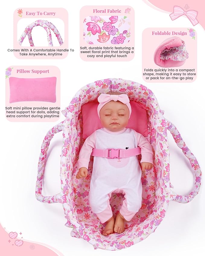 BABESIDE 2 Pcs Reborn Baby Doll Accessories, Pink Floral Baby Doll Bassinet with Pillow and Built-in Carrier, Portable Doll Bed with Handle for 17-22 Inch Lifelike Dolls (Dolls Not Included)