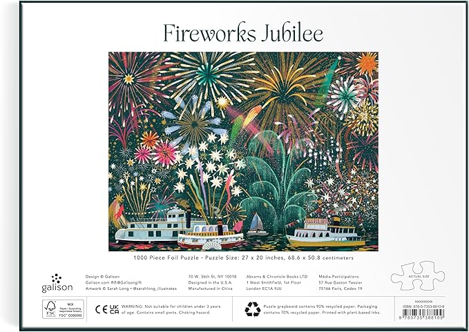 Galison Fireworks Jubilee – 1000 Piece Foil Jigsaw Puzzle Featuring Beautiful Artwork of Fireworks Overlooking Boats On The Water