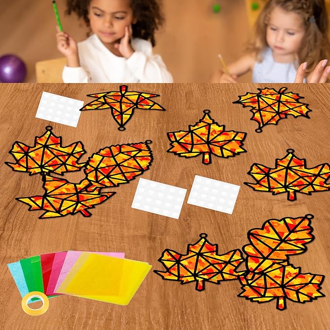 32 Sets Thanksgiving Fall Maple Leaf Suncatchers Craft Kit DIY Window Stained Glass Effect Autumn Maple Leaf Paper Crafts Home School Classroom Decoration Kid Gift Creative Art Project Activity Game