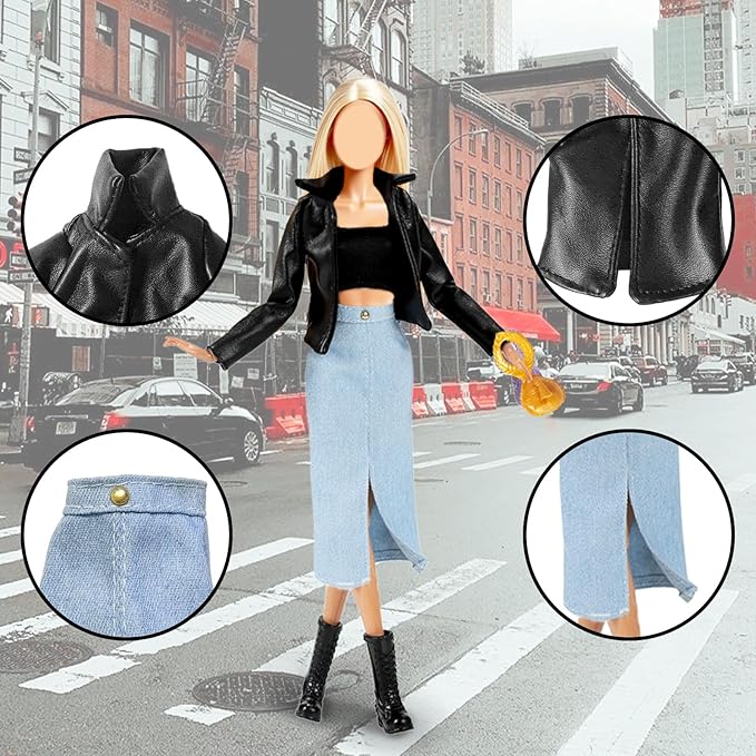 16 Pcs Doll Clothes for 11.5 inch Doll Include 1 Leather Coat Set 1 Fashion Dress Set 1 Pencil Skirt Set 2 Outfits 1 Sequen Dress Shoes Bag Necklace Hat in Random, for Girls