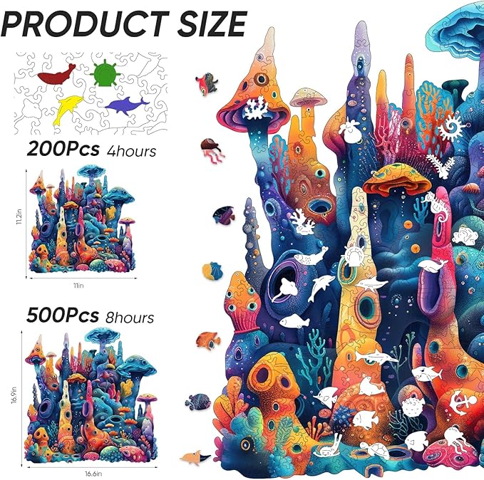 Qiuenisray Wooden Puzzles for Adults, Coral Ocean Jigsaw Puzzles 200 Pieces, FSC Certified Beautiful Wall Decor Puzzles, Unique Animal Shape Puzzle, Creative Gift for Adults Family Game 11 x 11.2 in