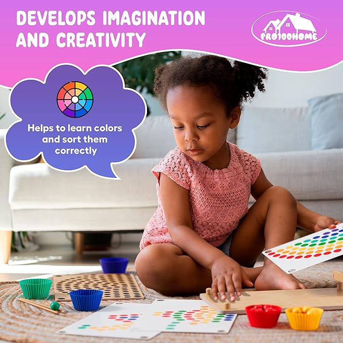 Toddler Wooden Learning Montessori Toys – Preschool educational board bead game Baby Rainbow Stacking Matching Counting Color Sorting for fine Motor Math Skills Boys and Girls for 3 4 5 Years Old