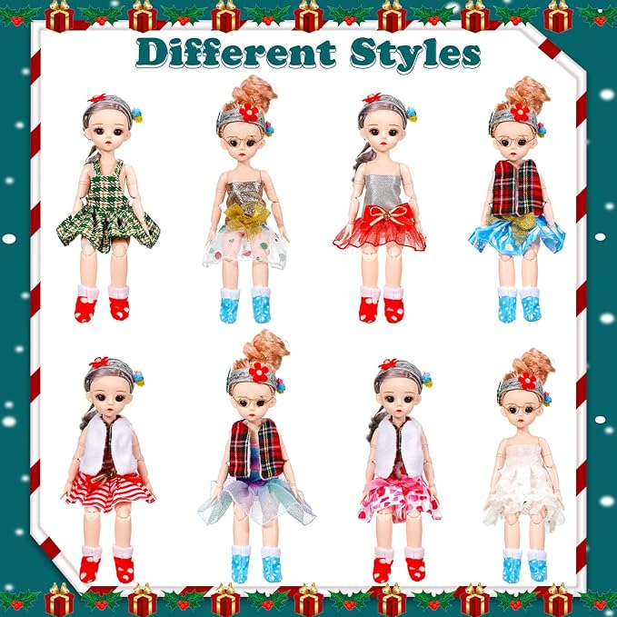 Sumind 14 Pieces Christmas Doll on Clothes Accessories Outfits Set Including Skirts, Bathrobe, Sleeping Bag, Fluffy Vest, Shirt, Scarf, Eye Cover and Boots for Xmas Doll Decor(Stylish Style)